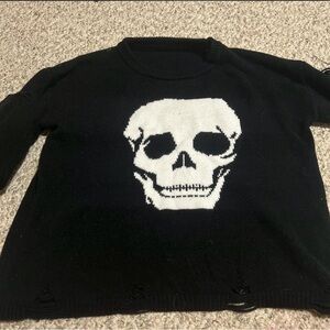 Black Knit Sweater with White Skull Graphic